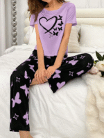 Purple Heart Printed Night Suit – Summer Cotton Nightwear - Image 2